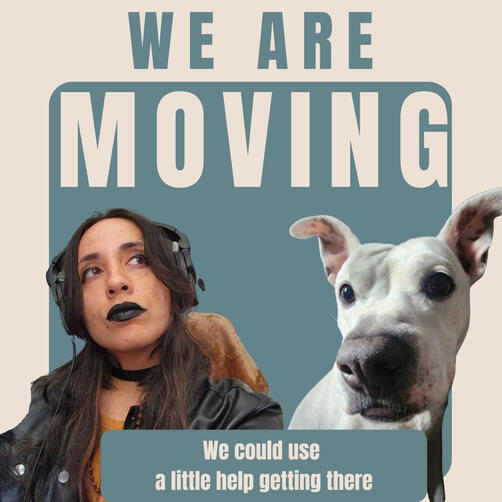 A woman with long dark hair and green slouchy beanie posing with a Peace sign in front of a mic. Eli